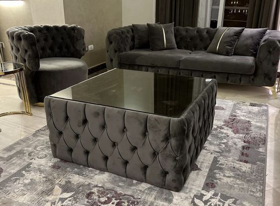 Velvet Tables and Tufted Ottomans