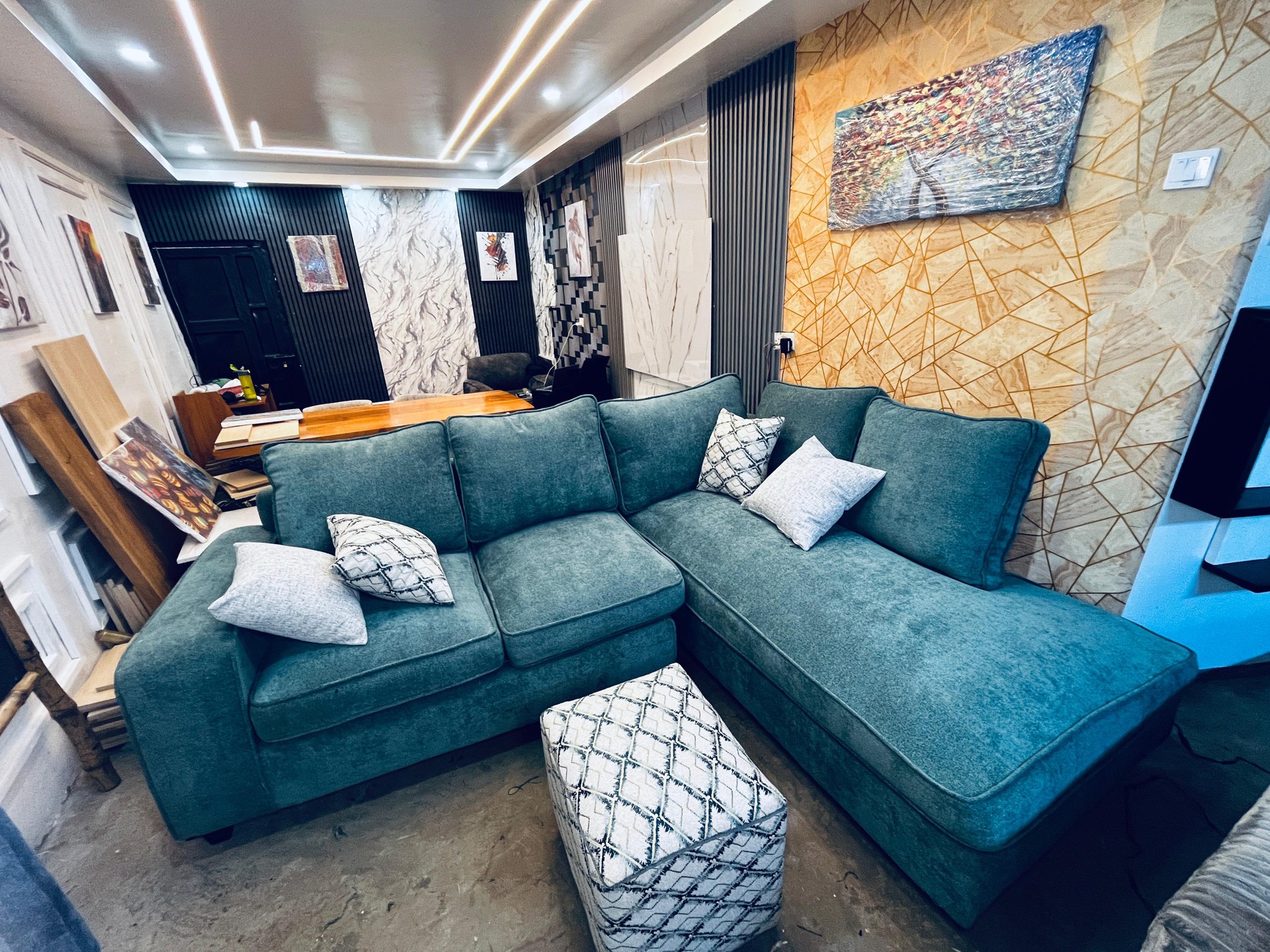 Urban Craft teal corner sofa in showroom